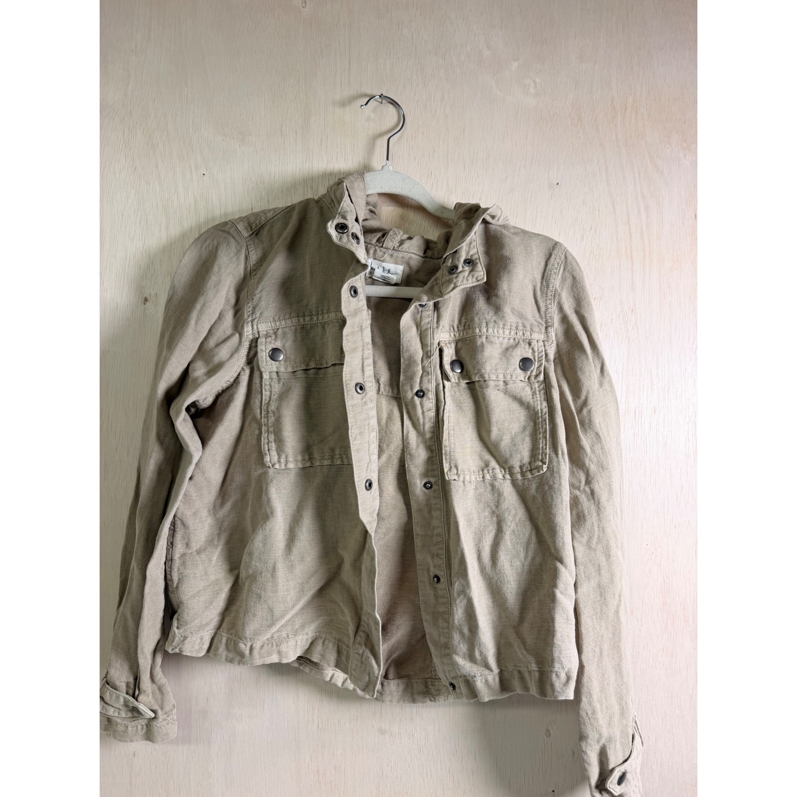 Nicole Miller Utility Jacket Women Size M Tan Excellent Hooded Snap Front Pocket